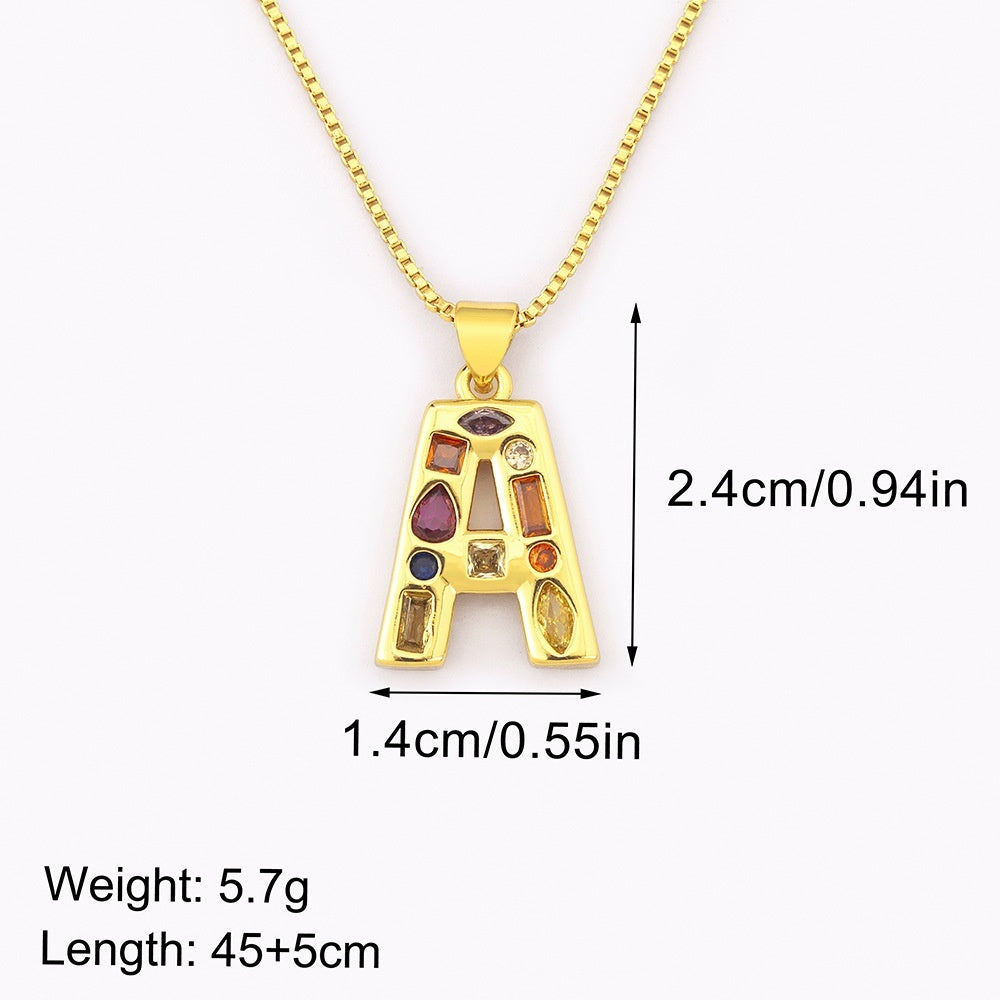 Copper Plating 18K Real Gold 26 English Letter Simplicity Colorful Crystals Necklace