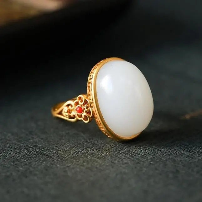 Hetian White Jade Oval Ring Gilding S925 Silver Pattern Hollow Out