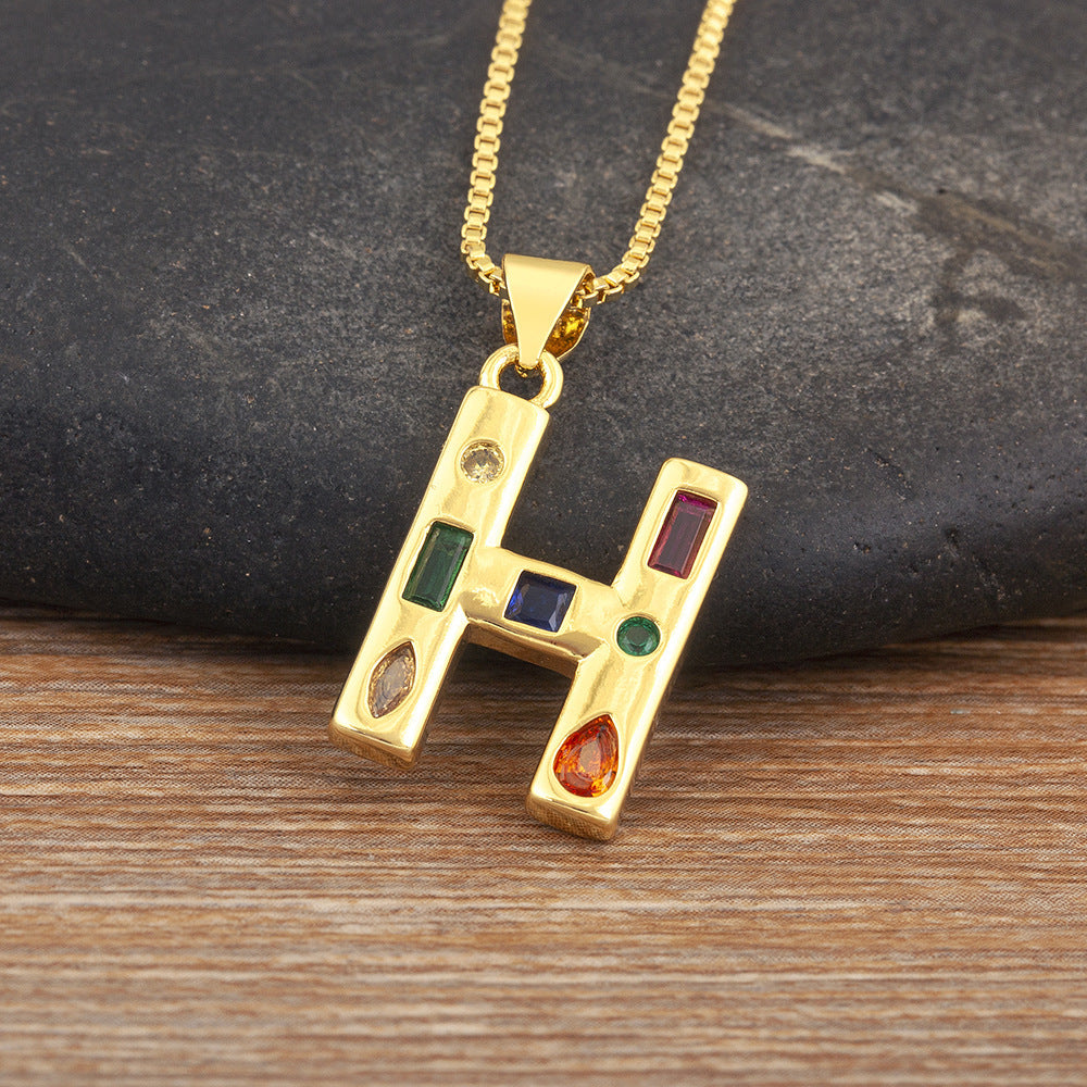Copper Plating 18K Real Gold 26 English Letter Simplicity Colorful Crystals Necklace