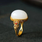 Hetian White Jade Oval Ring Gilding S925 Silver Pattern Hollow Out