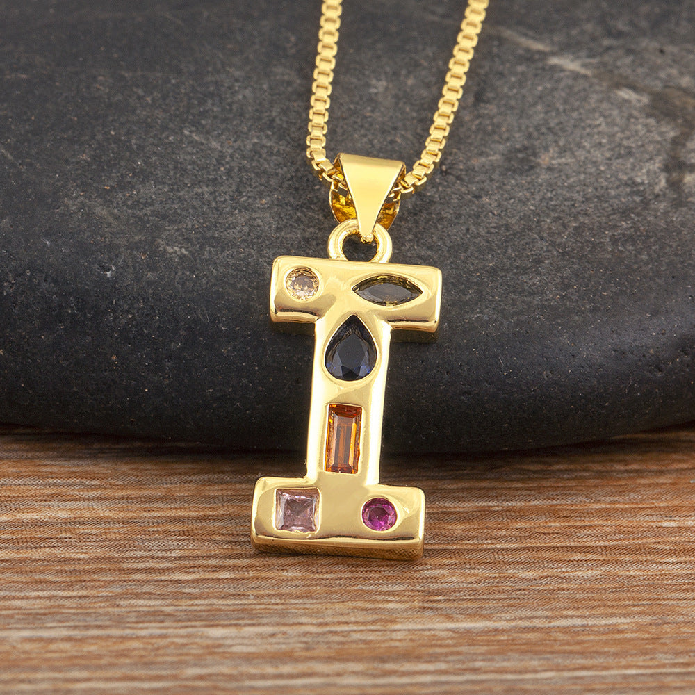 Copper Plating 18K Real Gold 26 English Letter Simplicity Colorful Crystals Necklace