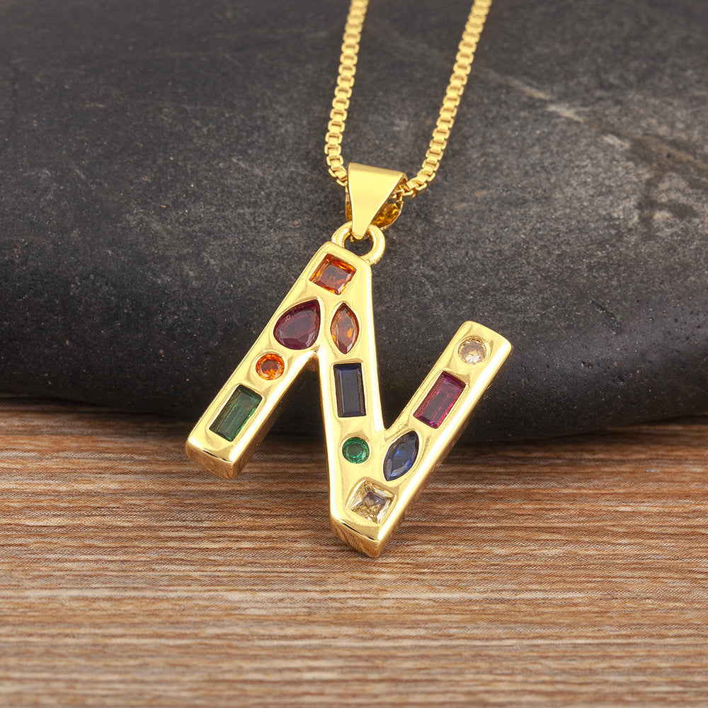 Copper Plating 18K Real Gold 26 English Letter Simplicity Colorful Crystals Necklace