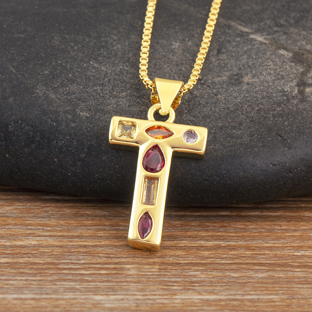 Copper Plating 18K Real Gold 26 English Letter Simplicity Colorful Crystals Necklace