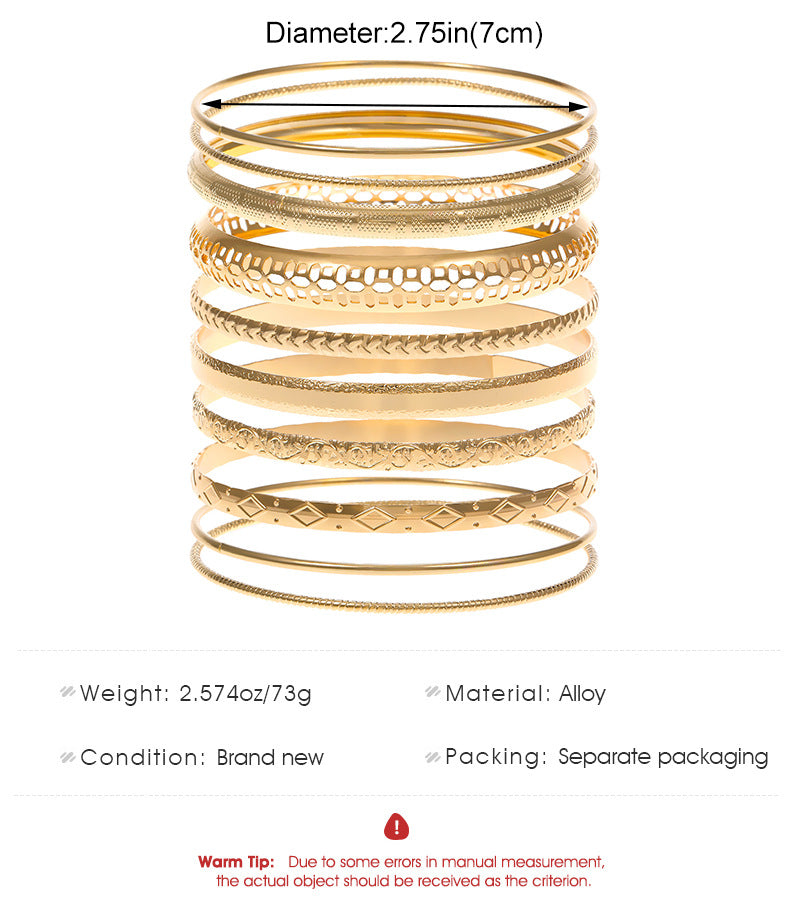 Ethnic Style Alloy Retro Wide Gold Glossy Wristband Bracelet 10 PCs Set