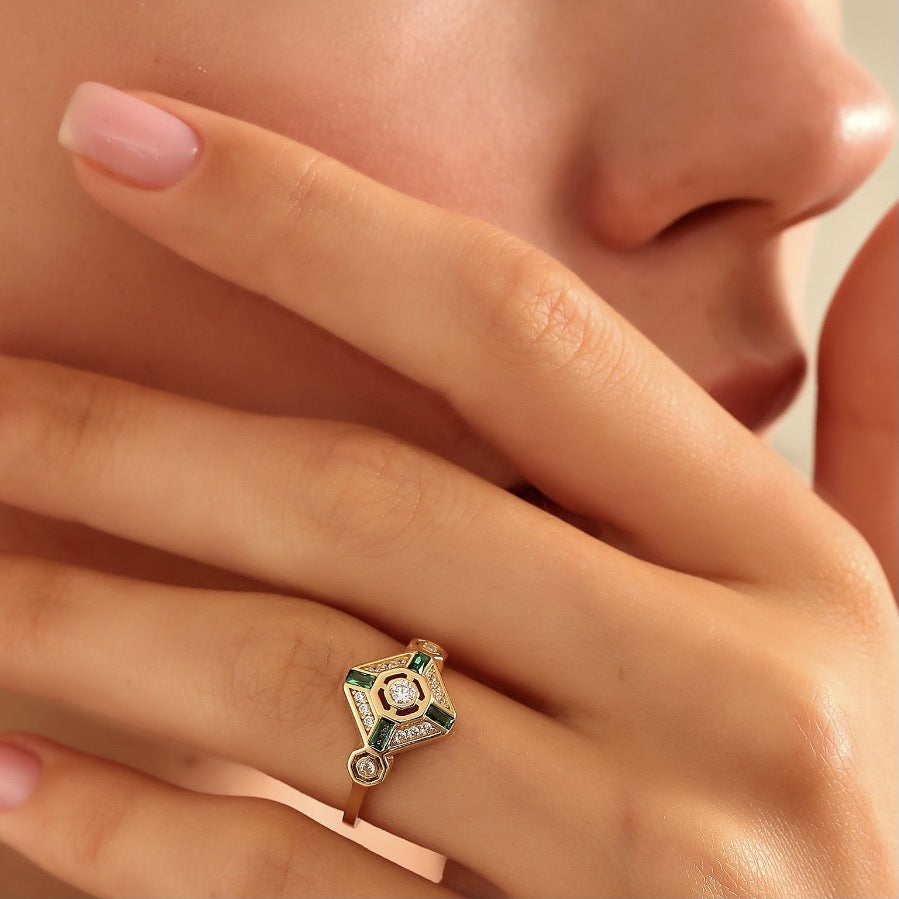 Ins Emerald Diamond Ring Fashion Square