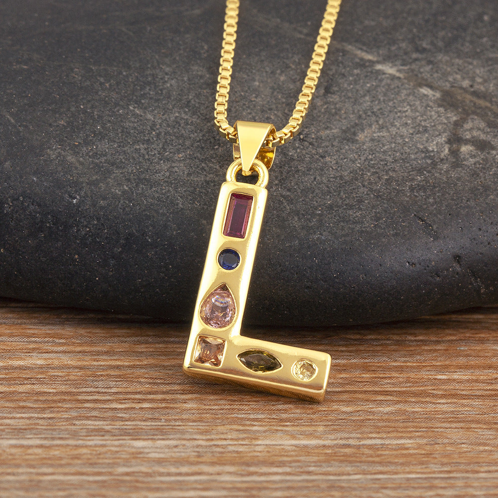 Copper Plating 18K Real Gold 26 English Letter Simplicity Colorful Crystals Necklace