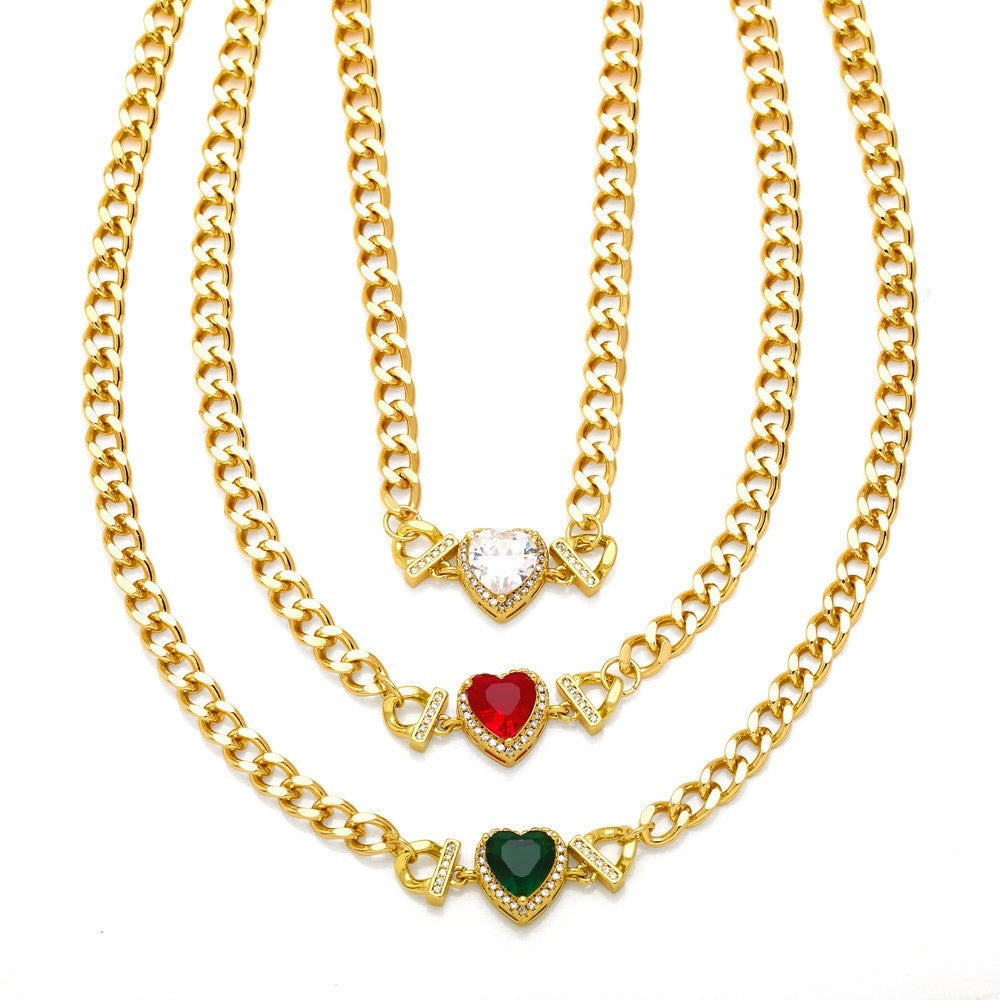 Necklace Hip Hop Cuban Link Chain Loving Heart Zircon Stitching Necklace