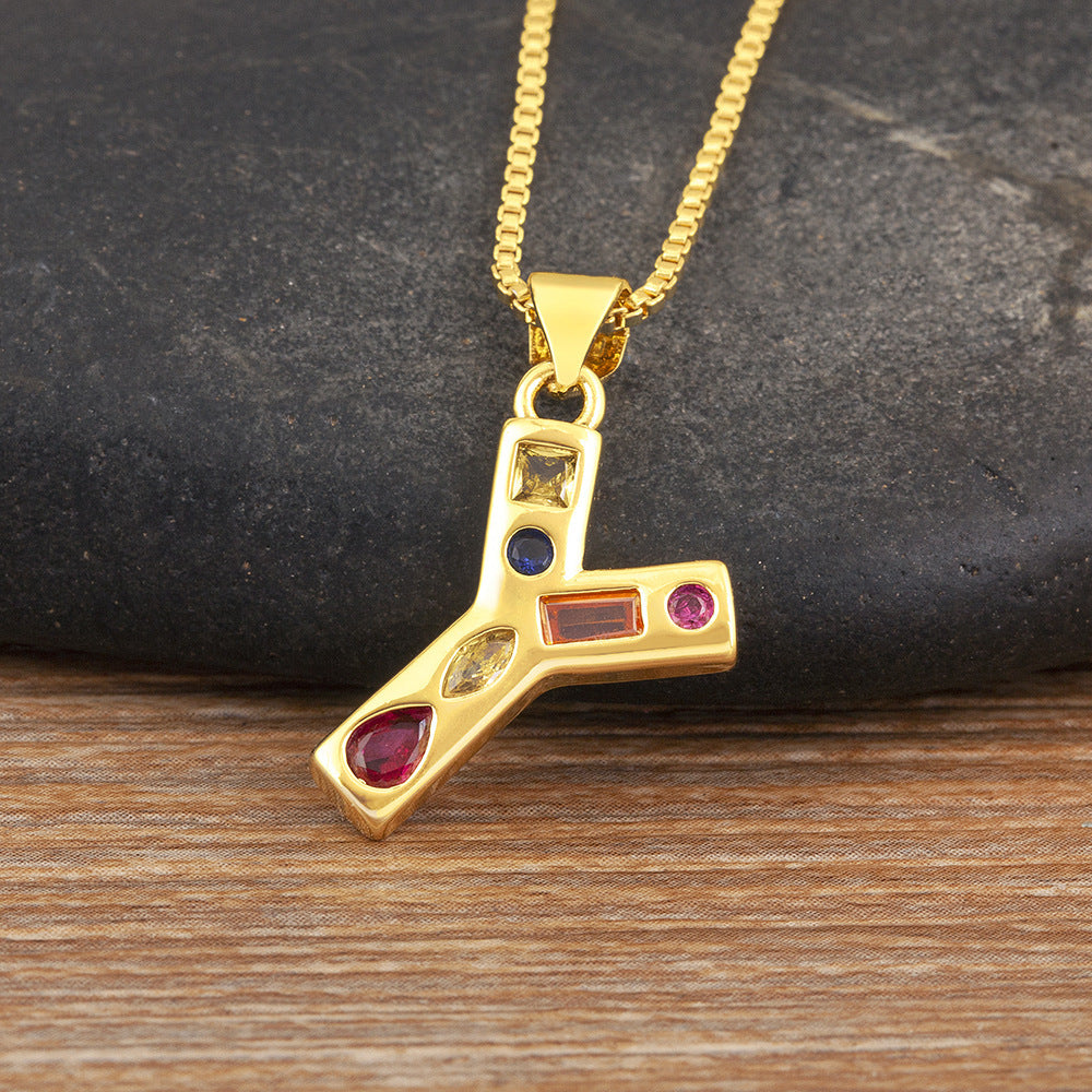 Copper Plating 18K Real Gold 26 English Letter Simplicity Colorful Crystals Necklace