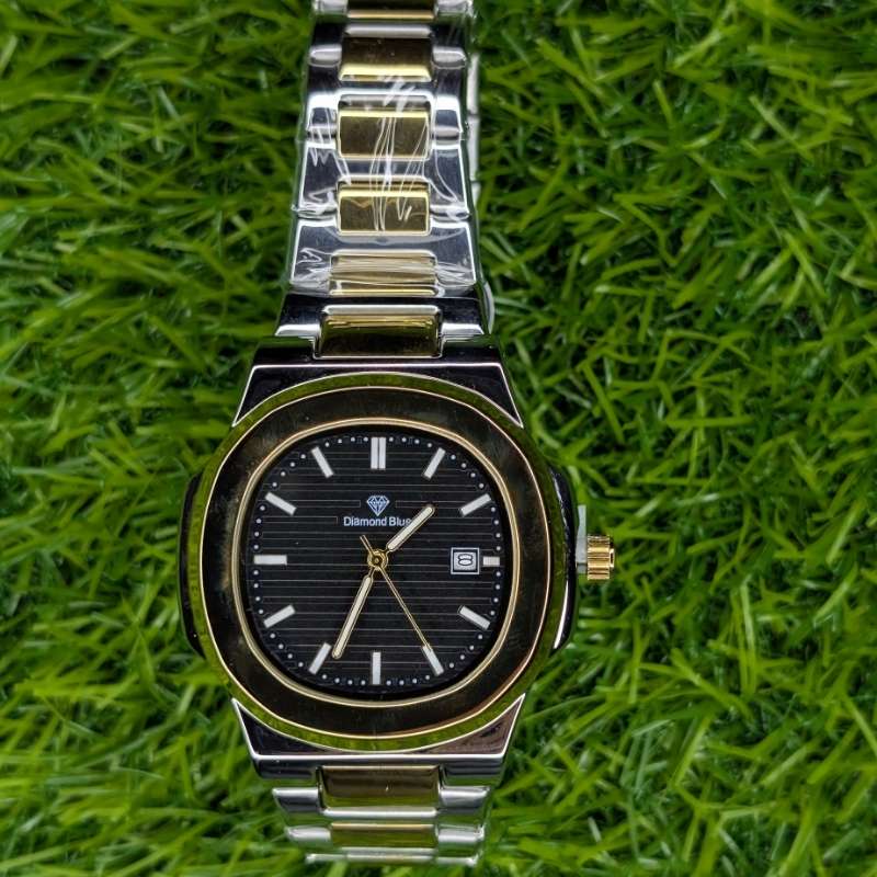 Watch Diamond Blue Black Dial Two Tone Silver Gold Chain