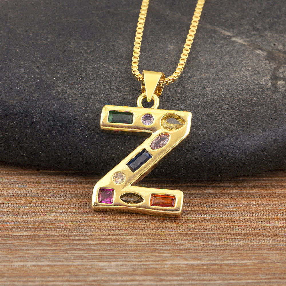 Copper Plating 18K Real Gold 26 English Letter Simplicity Colorful Crystals Necklace