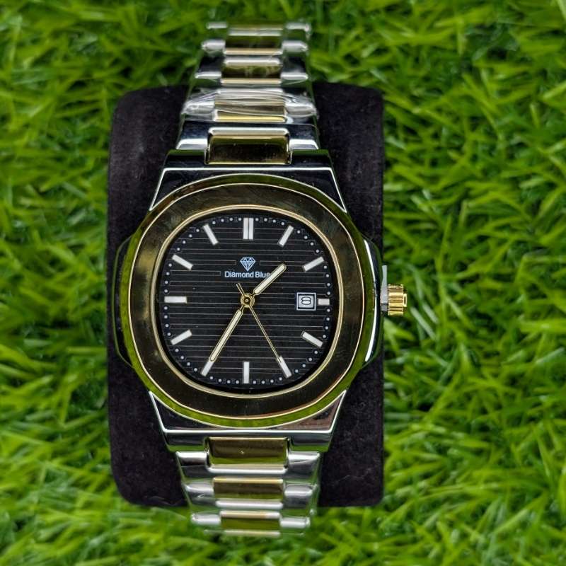 Watch Diamond Blue Black Dial Two Tone Silver Gold Chain