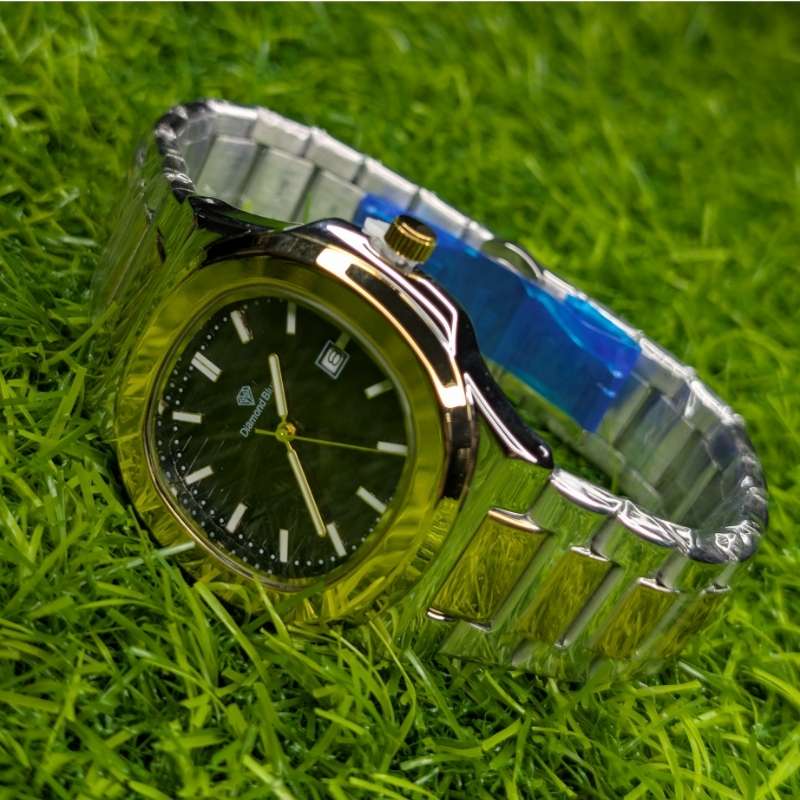Watch Diamond Blue Black Dial Two Tone Silver Gold Chain