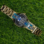 Watch Diamond Blue Gold Black Dial Gold Chain