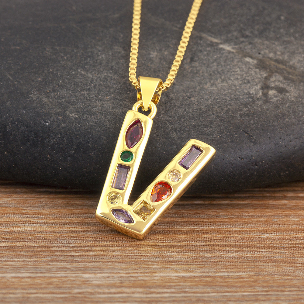 Copper Plating 18K Real Gold 26 English Letter Simplicity Colorful Crystals Necklace