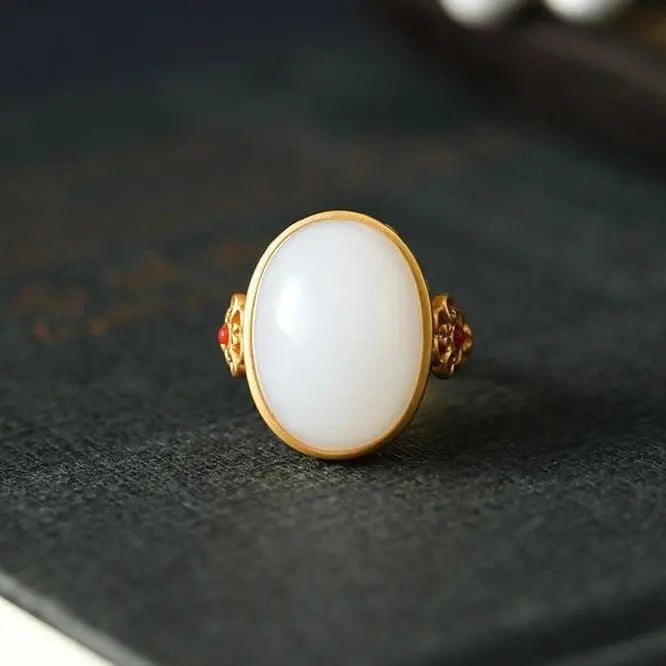 Hetian White Jade Oval Ring Gilding S925 Silver Pattern Hollow Out
