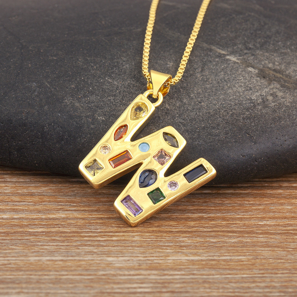 Copper Plating 18K Real Gold 26 English Letter Simplicity Colorful Crystals Necklace