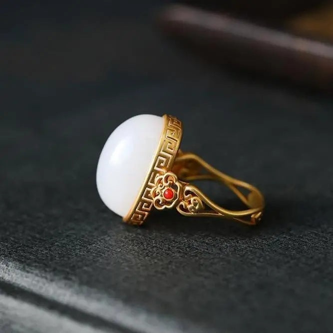 Hetian White Jade Oval Ring Gilding S925 Silver Pattern Hollow Out