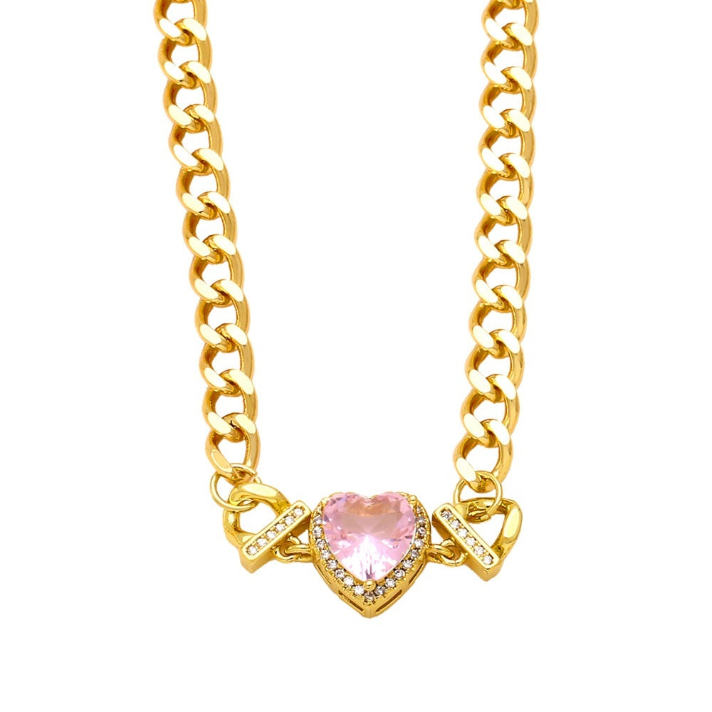 Necklace Hip Hop Cuban Link Chain Loving Heart Zircon Stitching Necklace