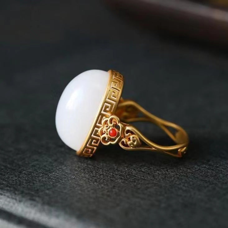 Hetian White Jade Oval Ring Gilding S925 Silver Pattern Hollow Out