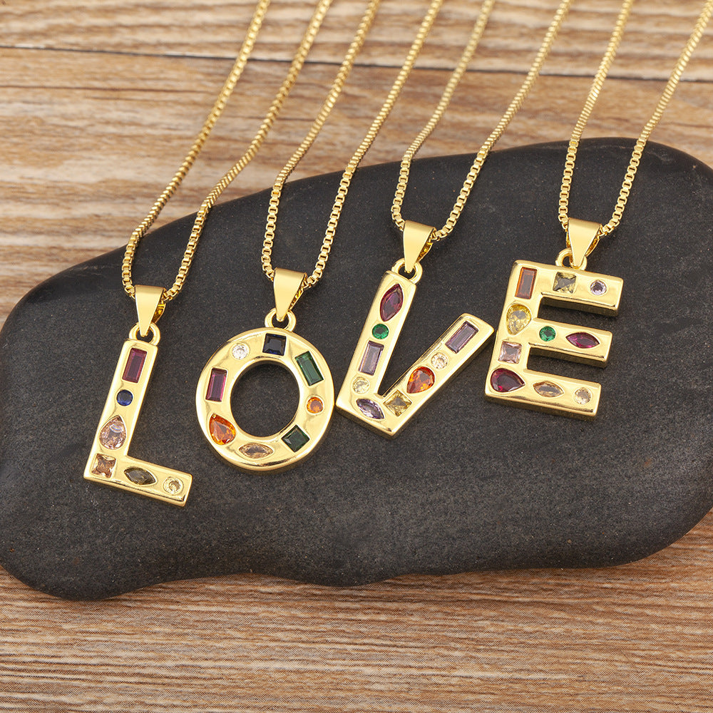 Copper Plating 18K Real Gold 26 English Letter Simplicity Colorful Crystals Necklace