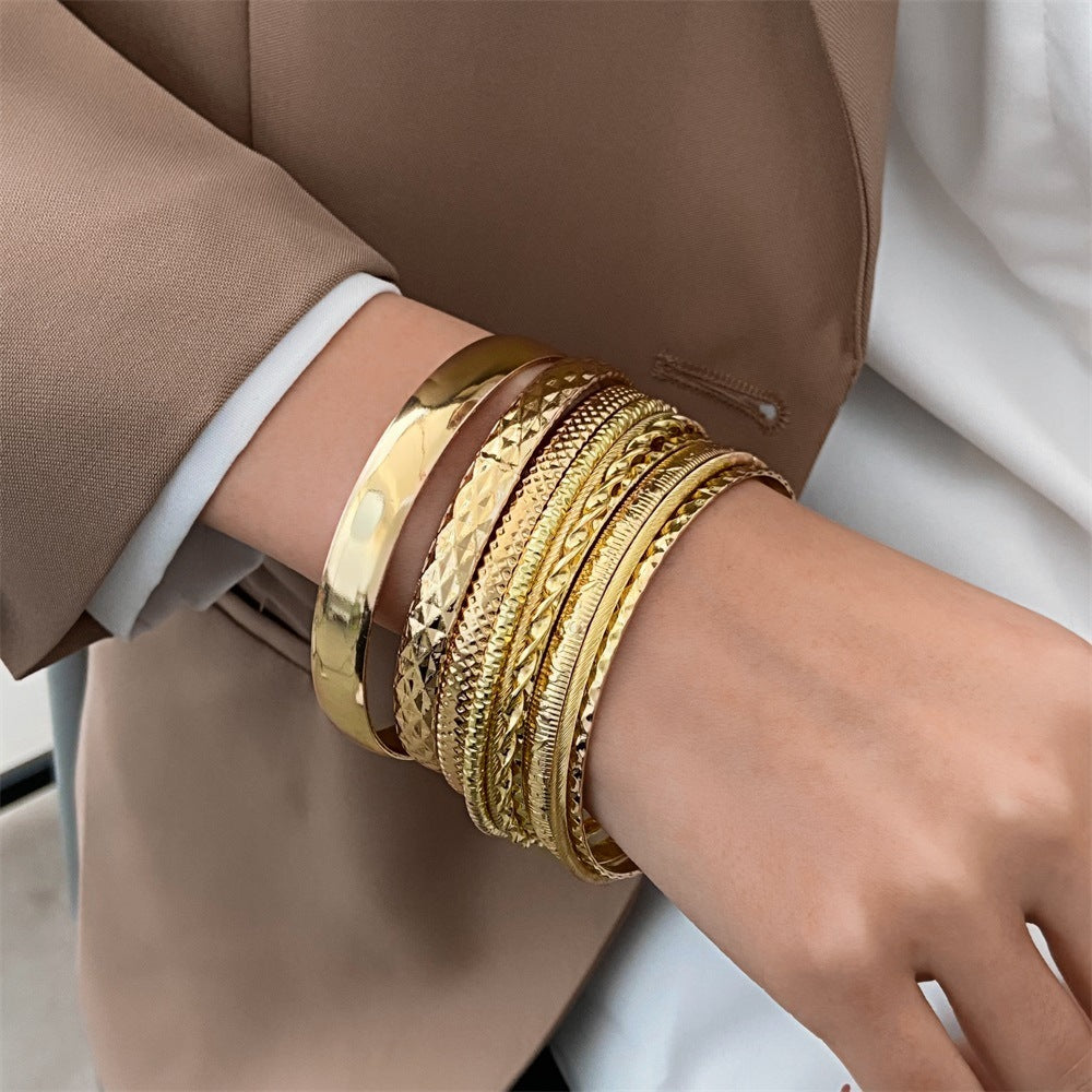 Ethnic Style Alloy Retro Wide Gold Glossy Wristband Bracelet 10 PCs Set