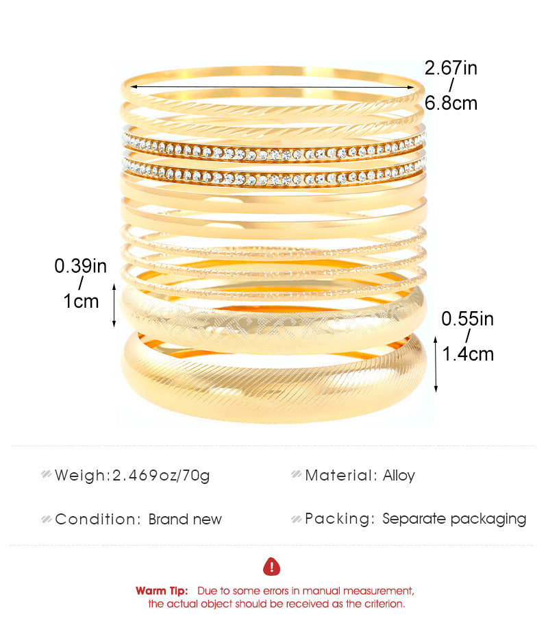 Ethnic Style Alloy Retro Wide Gold Glossy Wristband Bracelet 10 PCs Set