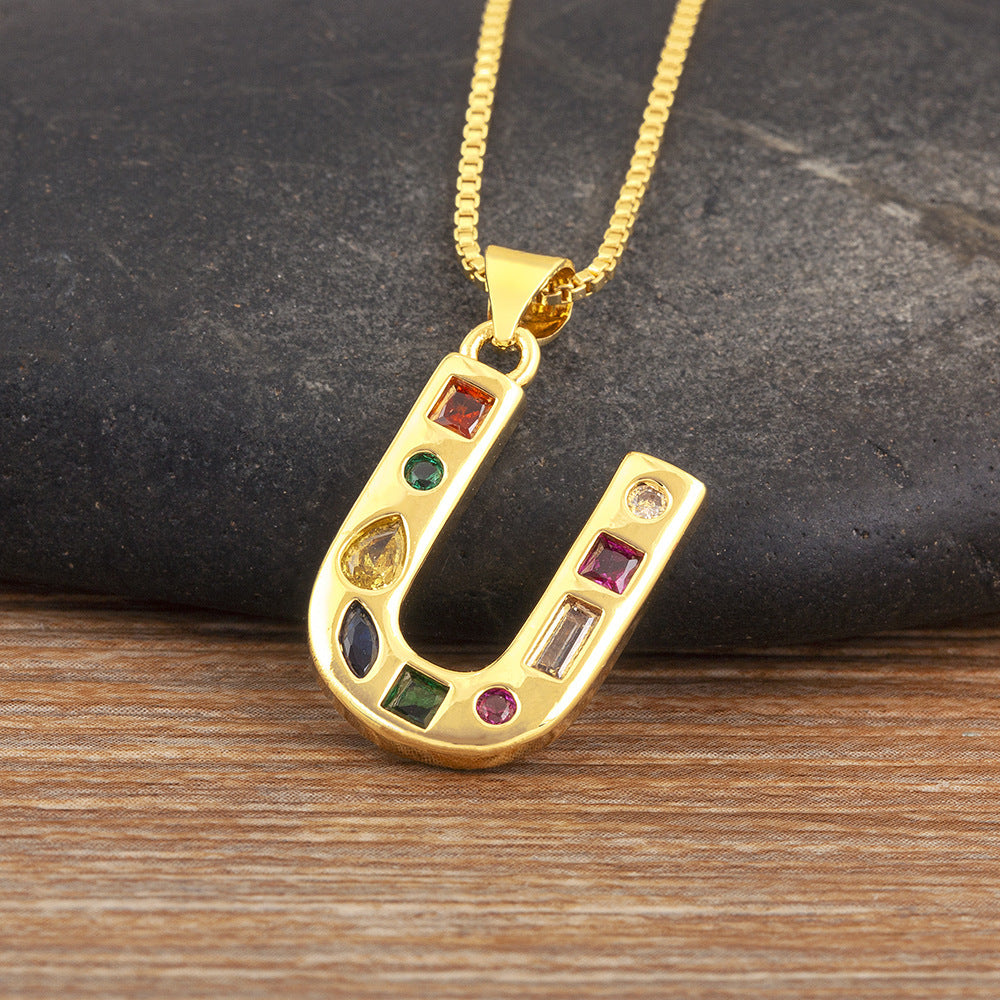 Copper Plating 18K Real Gold 26 English Letter Simplicity Colorful Crystals Necklace