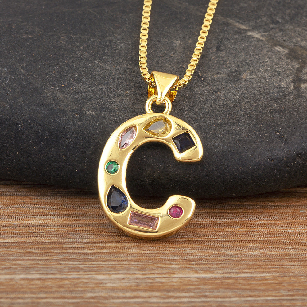 Copper Plating 18K Real Gold 26 English Letter Simplicity Colorful Crystals Necklace