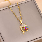 Women's Gold-plated Stainless Steel Dolphin Colorful Crystals Cube Sugar Necklace