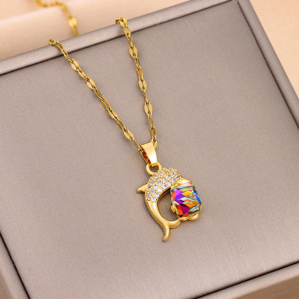 Women's Gold-plated Stainless Steel Dolphin Colorful Crystals Cube Sugar Necklace