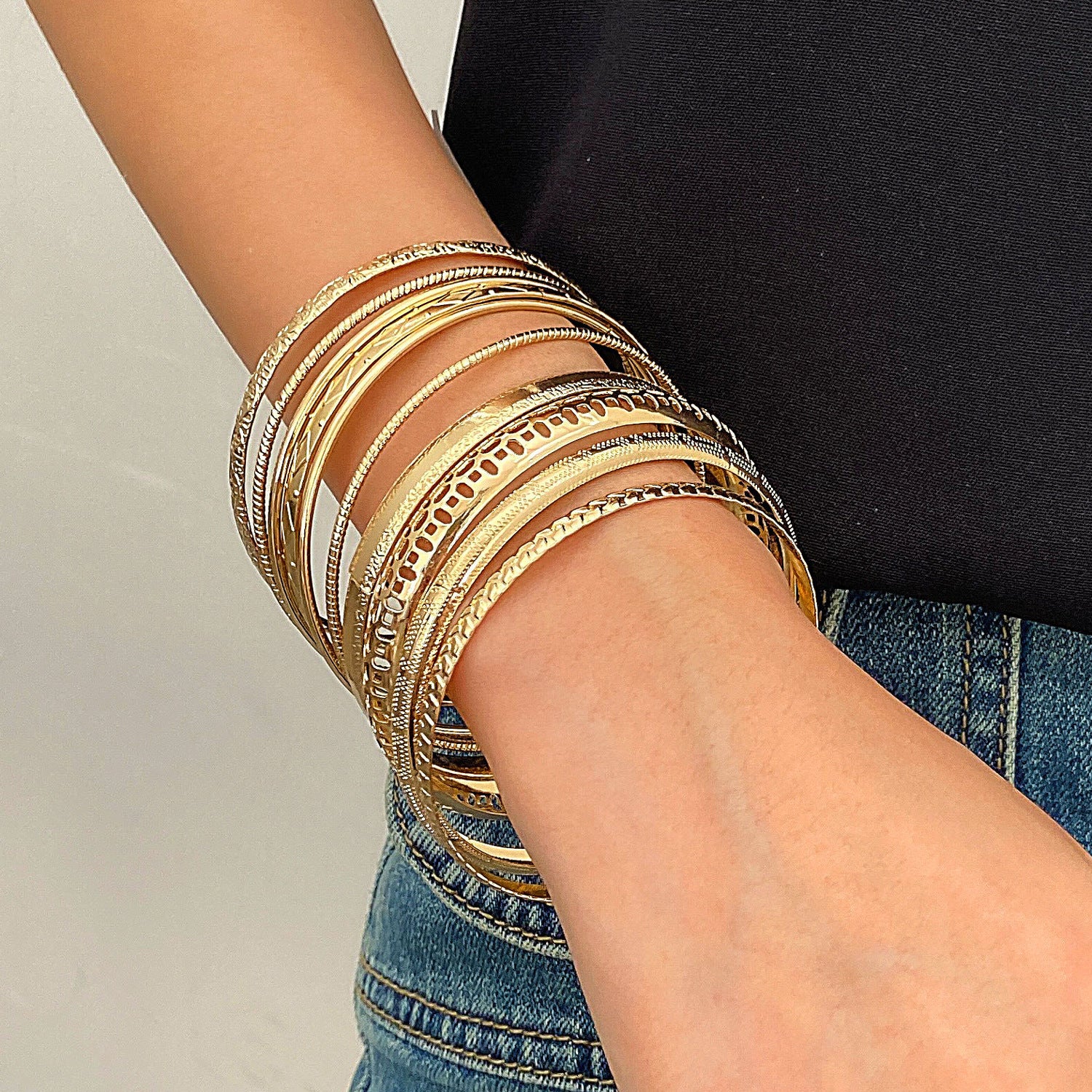 Ethnic Style Alloy Retro Wide Gold Glossy Wristband Bracelet 10 PCs Set