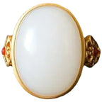 Hetian White Jade Oval Ring Gilding S925 Silver Pattern Hollow Out