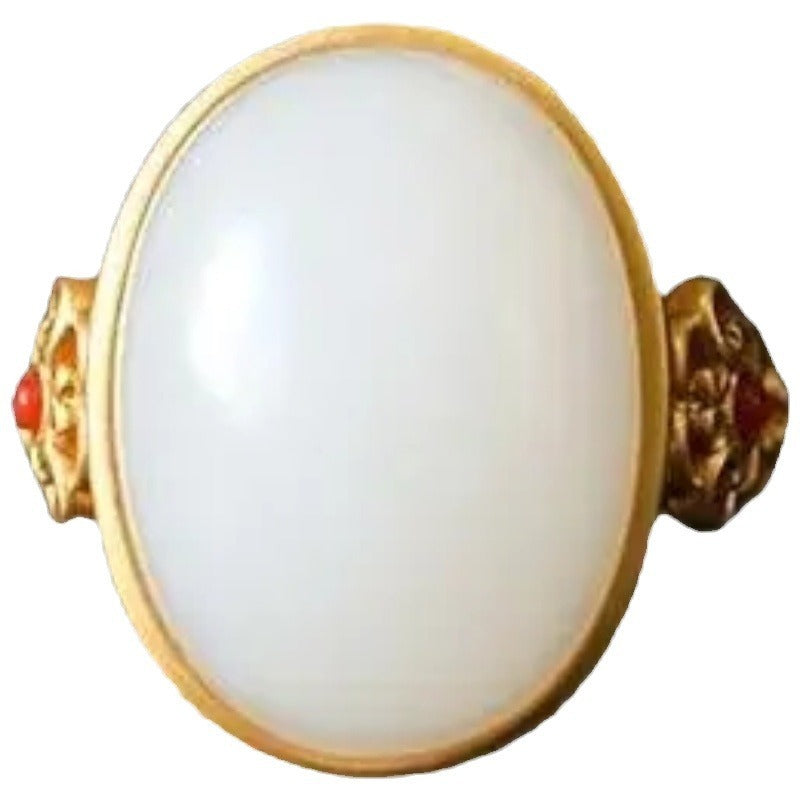 Hetian White Jade Oval Ring Gilding S925 Silver Pattern Hollow Out