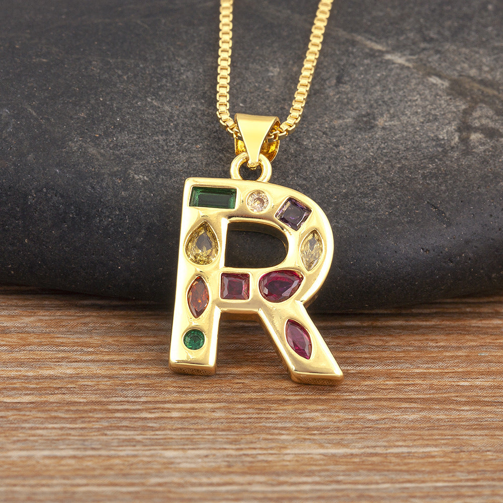 Copper Plating 18K Real Gold 26 English Letter Simplicity Colorful Crystals Necklace