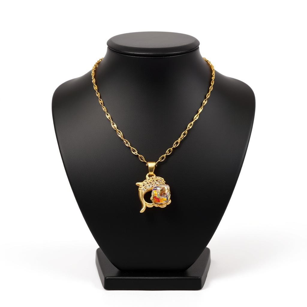 Women's Gold-plated Stainless Steel Dolphin Colorful Crystals Cube Sugar Necklace