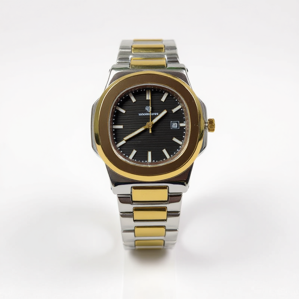 Watch Diamond Blue Black Dial Two Tone Silver Gold Chain
