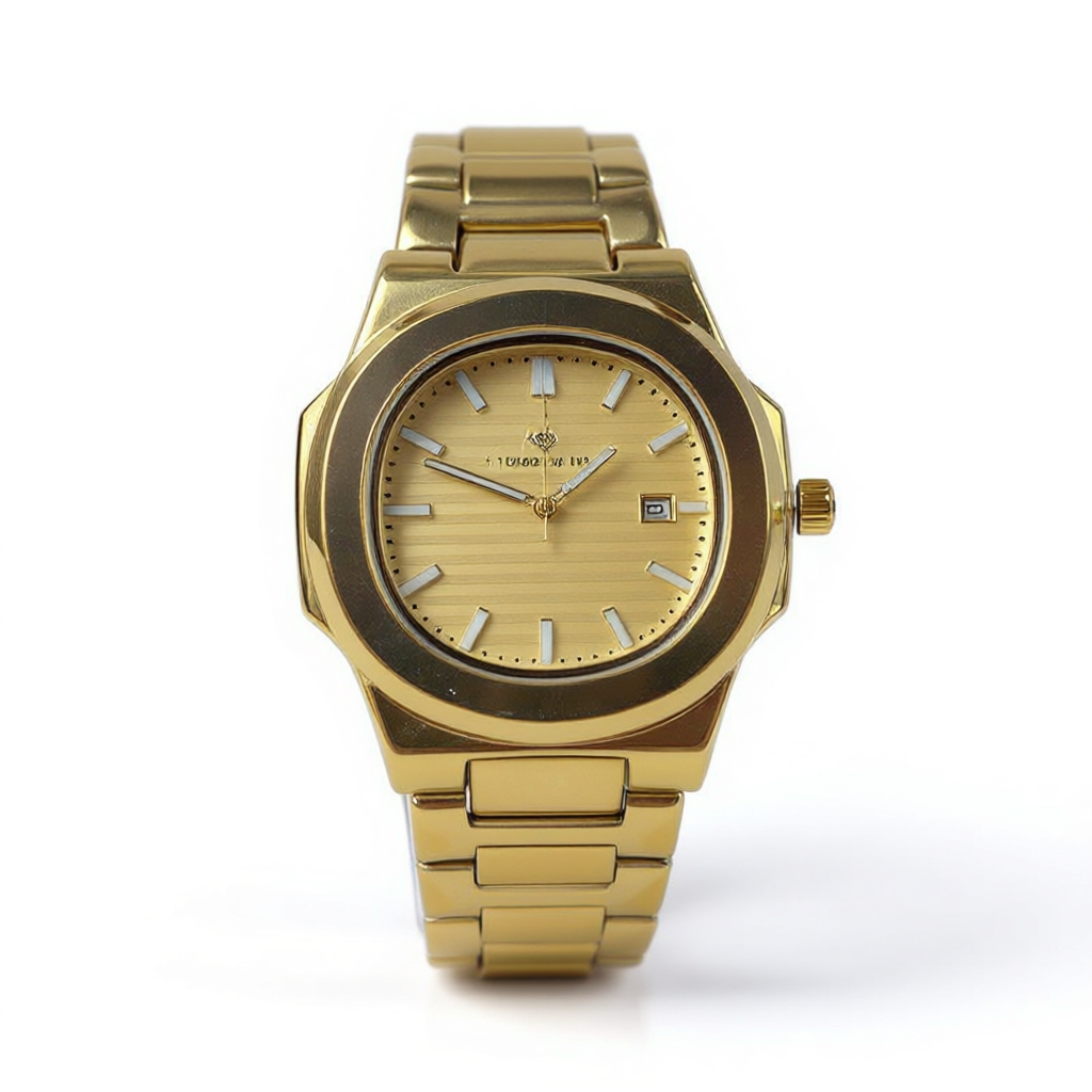 Watch Diamond Blue Gold Black Dial Gold Chain