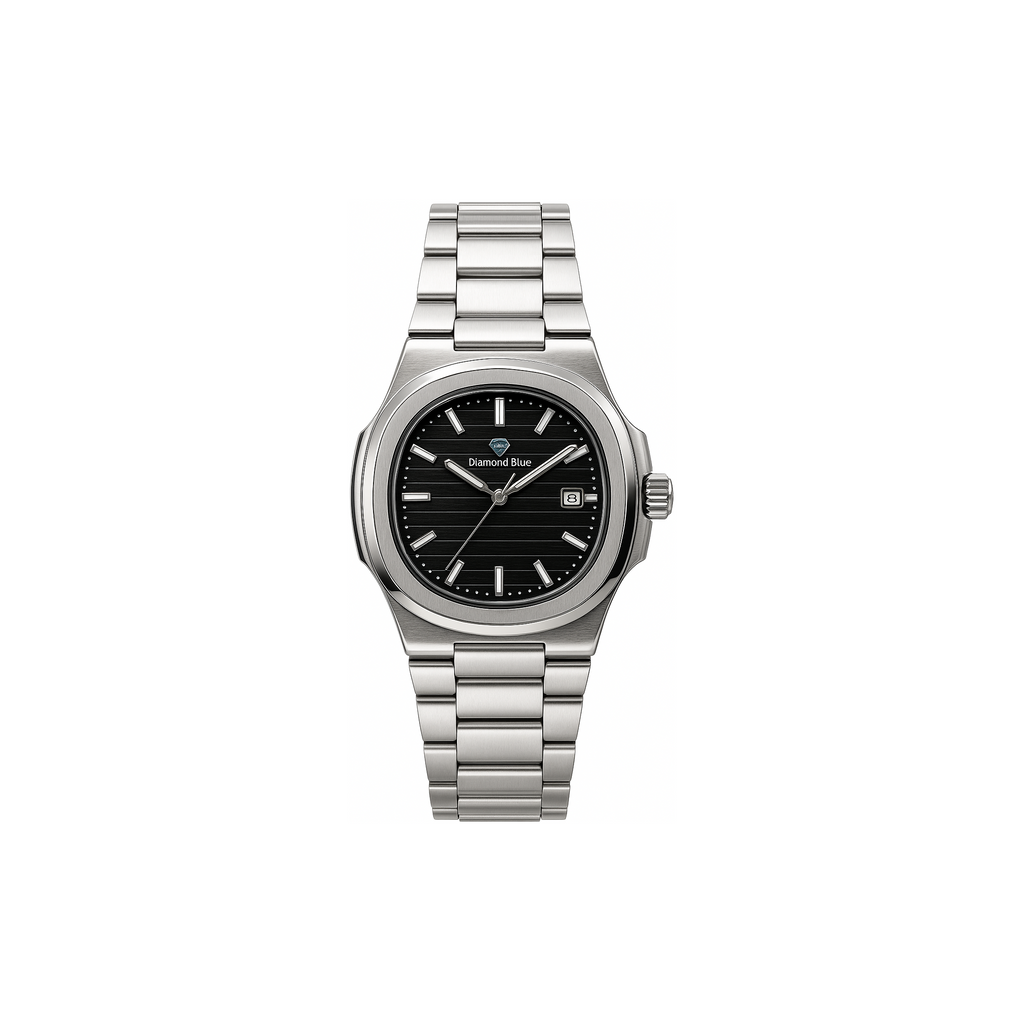 Watch Diamond Blue Black Dial Silver Chain
