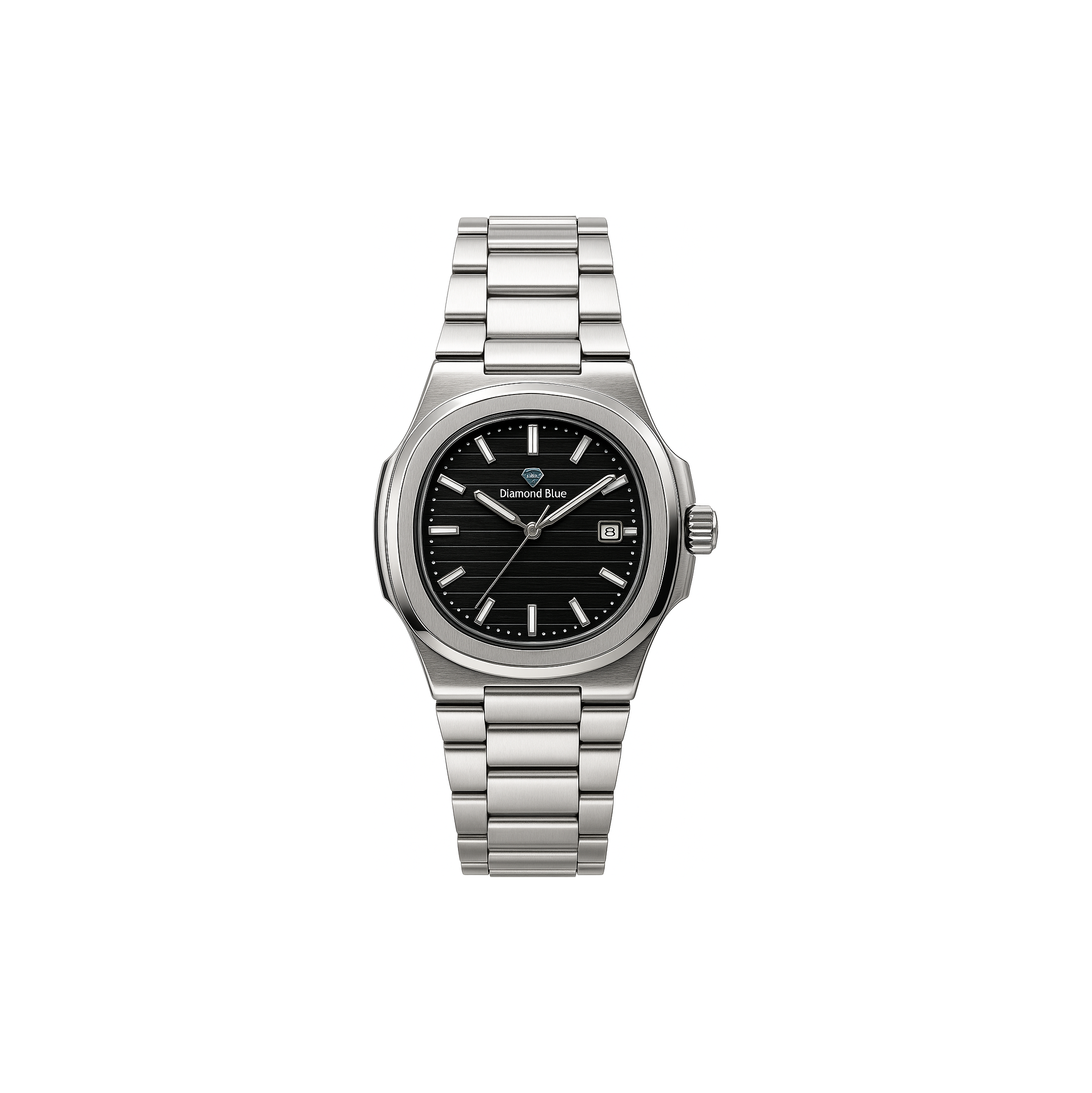 Watch Diamond Blue Black Dial Silver Chain