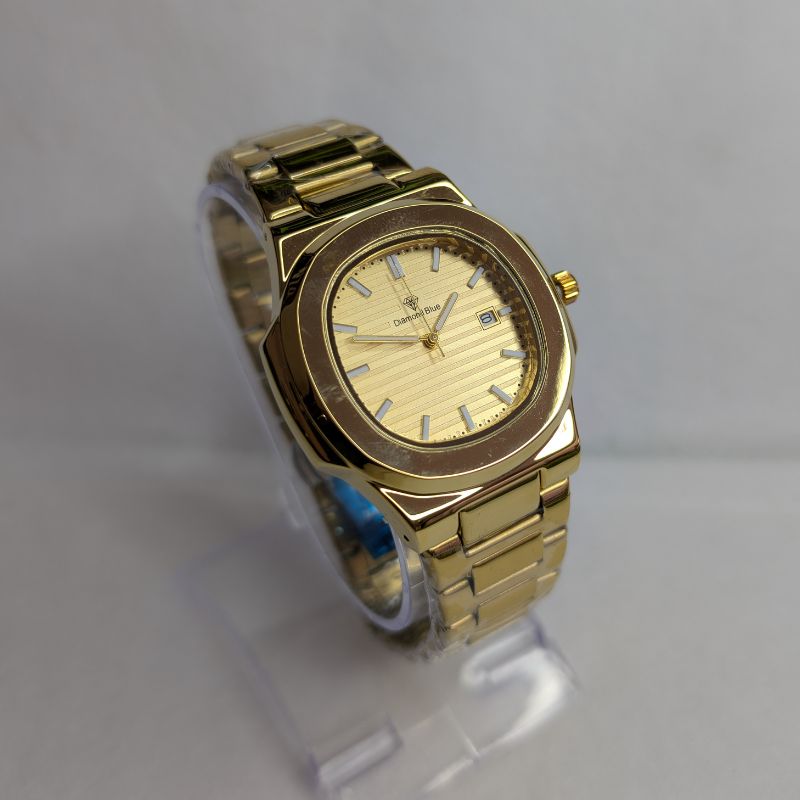 Watch Diamond Blue Gold Black Dial Gold Chain