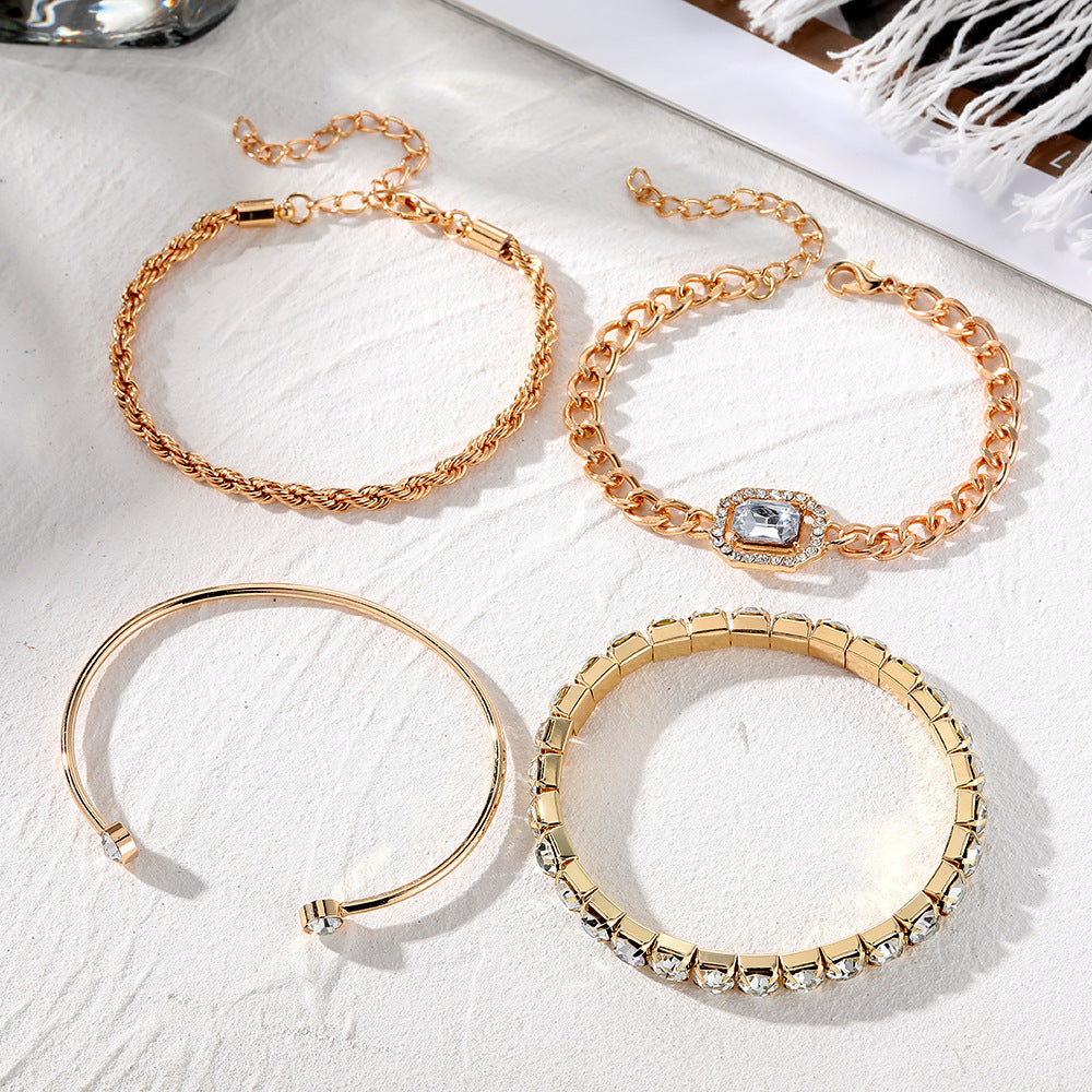 Artistic Retro Versatile Metal Chain Square Diamond 4-piece Set