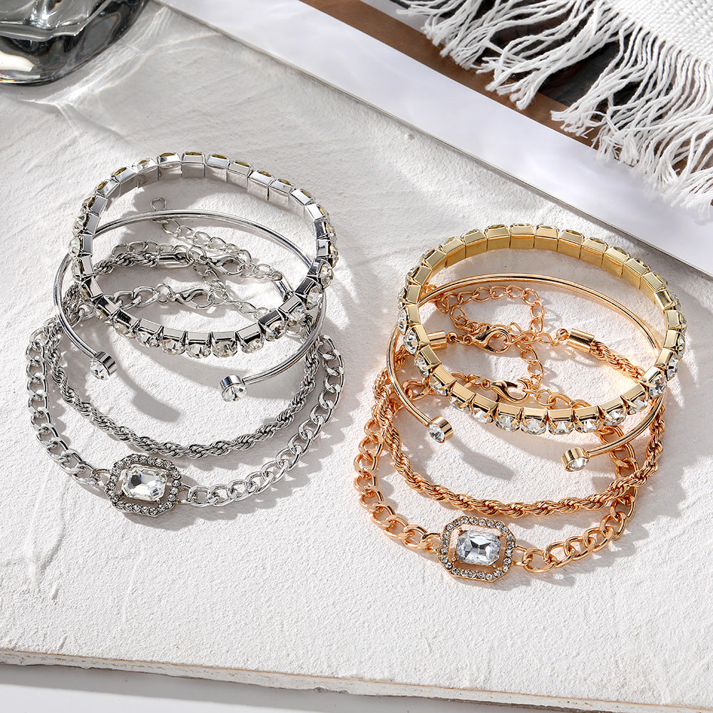 Artistic Retro Versatile Metal Chain Square Diamond 4-piece Set