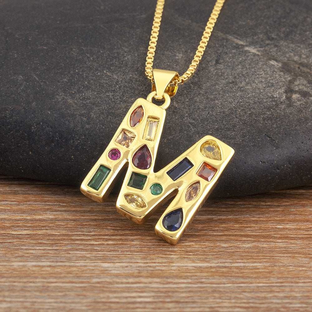 Copper Plating 18K Real Gold 26 English Letter Simplicity Colorful Crystals Necklace
