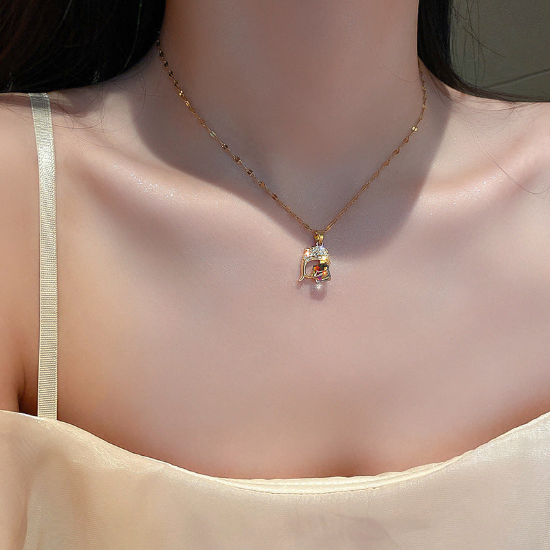 Women's Gold-plated Stainless Steel Dolphin Colorful Crystals Cube Sugar Necklace