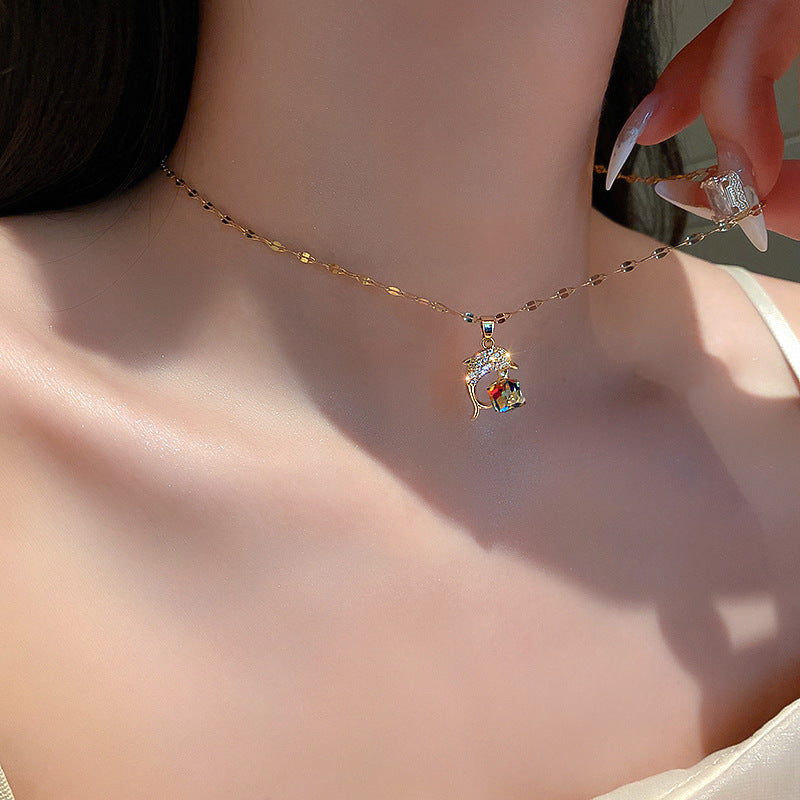 Women's Gold-plated Stainless Steel Dolphin Colorful Crystals Cube Sugar Necklace
