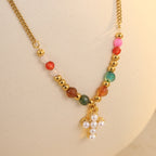 Titanium Steel Sun Cross Pendant Beaded Necklace