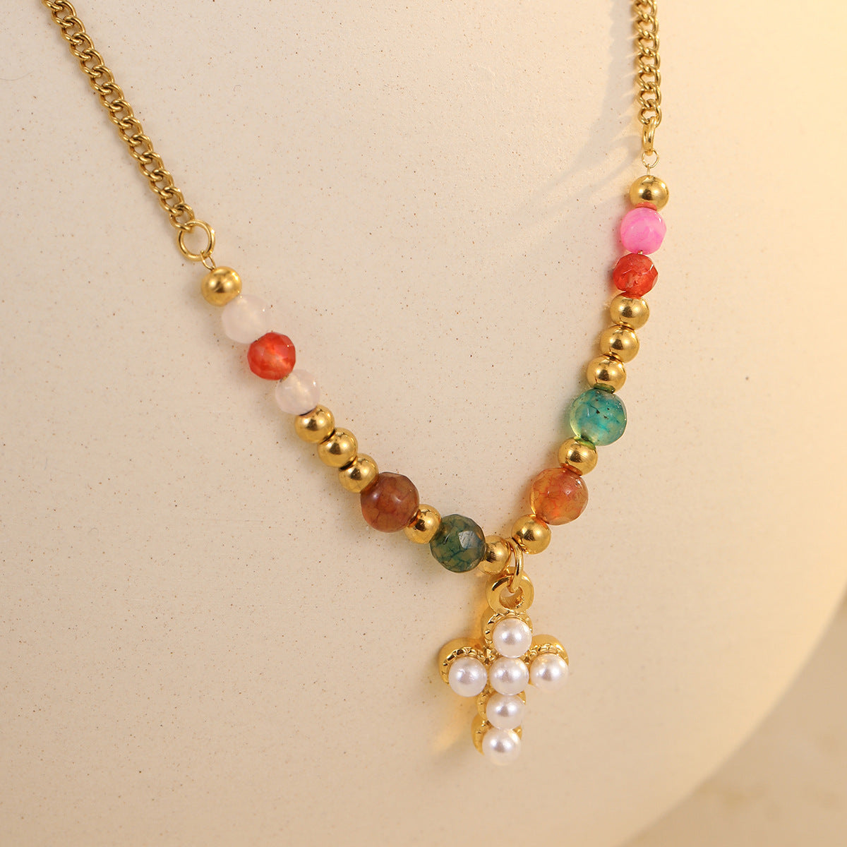 Titanium Steel Sun Cross Pendant Beaded Necklace
