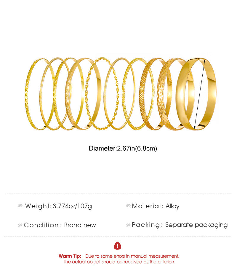 Ethnic Style Alloy Retro Wide Gold Glossy Wristband Bracelet 10 PCs Set