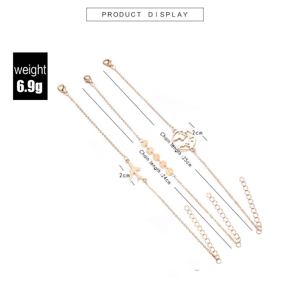 European And American Bohemian Aircraft Map Charm Bracelet 3-piece Set For Women