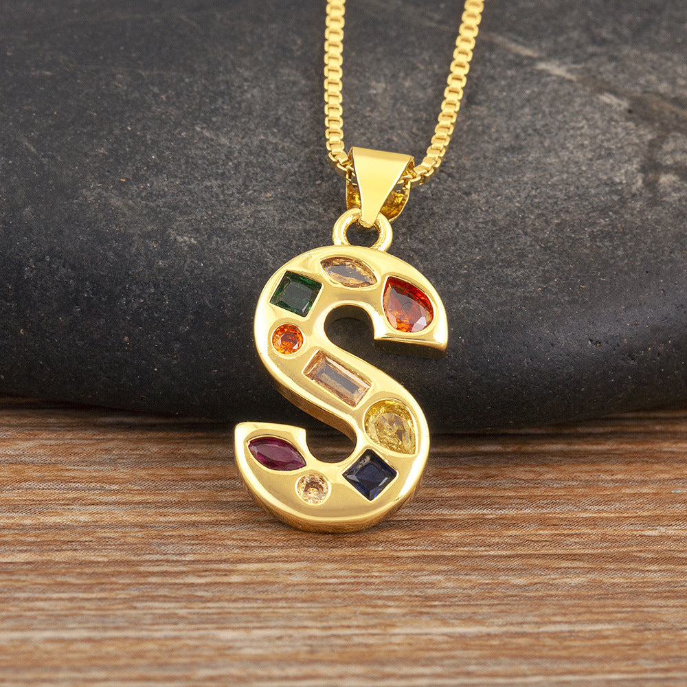 Copper Plating 18K Real Gold 26 English Letter Simplicity Colorful Crystals Necklace